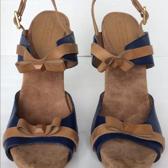 New Juicy Couture Women Block Heel Peep Toe Leather Raffia Navy Blue 9 Shoes - Picture 12 of 12